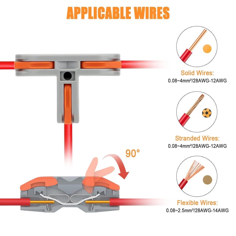 EEEKit 30 PCS Compact Wire Conductor Connector, T Shape Lever Nut Wire Connector Push in, Quick Splitter 3 Way Electrical Connectors, AWG 28-12 - Image 3